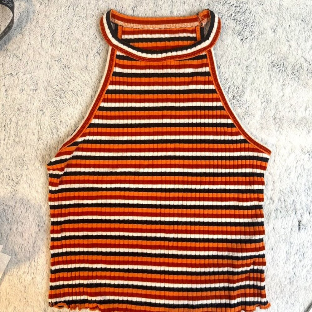 No Brand Knit Halter top, Women's Teen Medium, Orange Black White ruffled edge